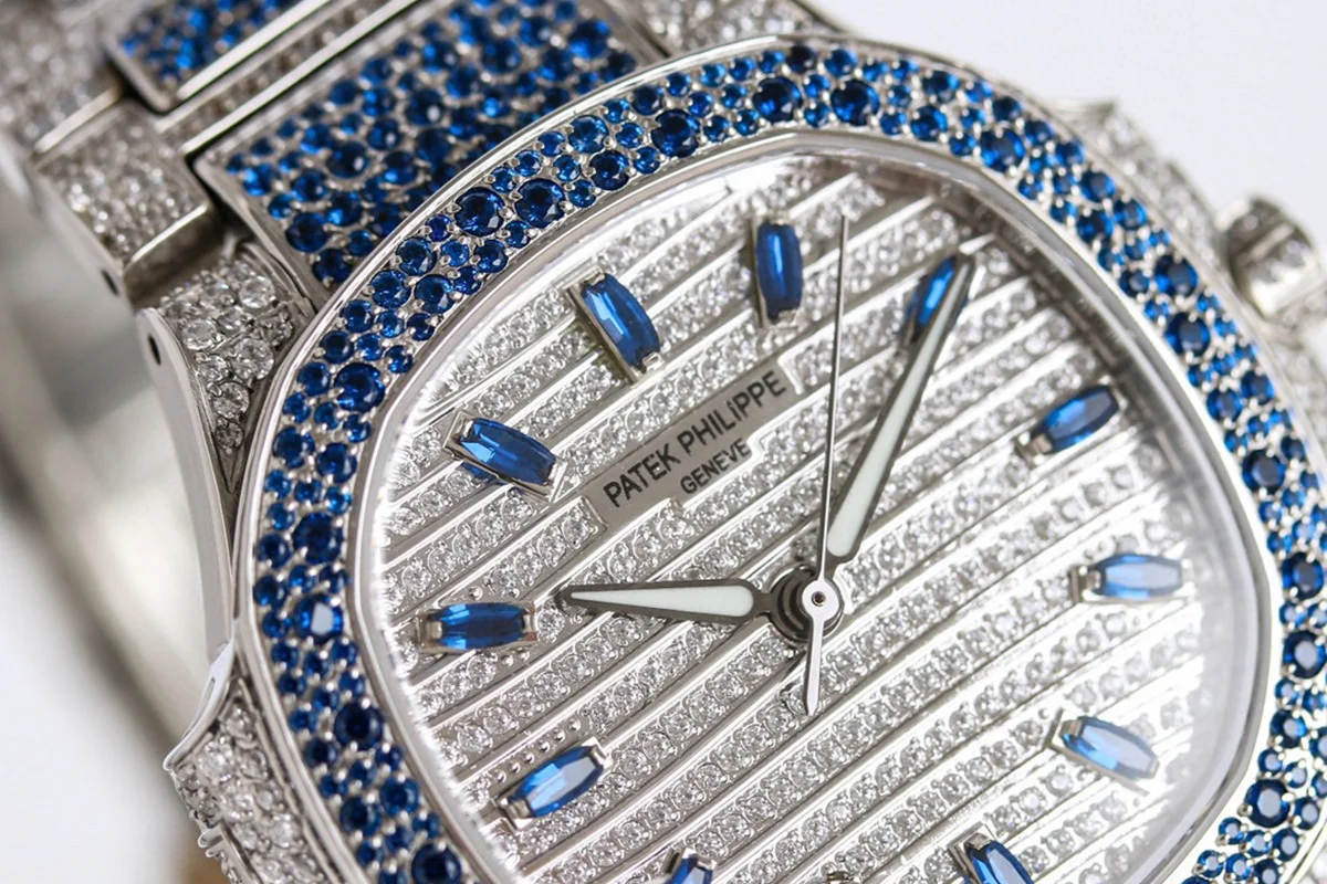 Nautilus 7118 Diamond Paved Dial with Blue Diamond Markers in White Gold