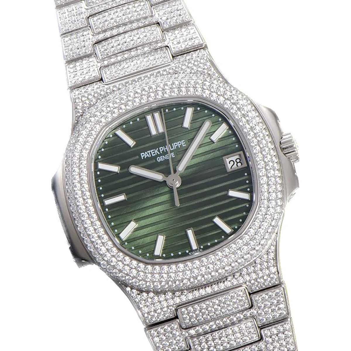 Nautilus Jumbo 5711 Green Dial with Diamond Bezel in Paved Diamonds