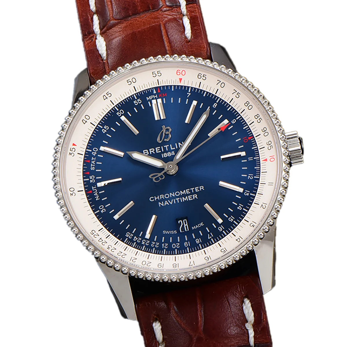 Navitimer Automatic 41 Blue and White Dial in Steel in Brown Leather Strap