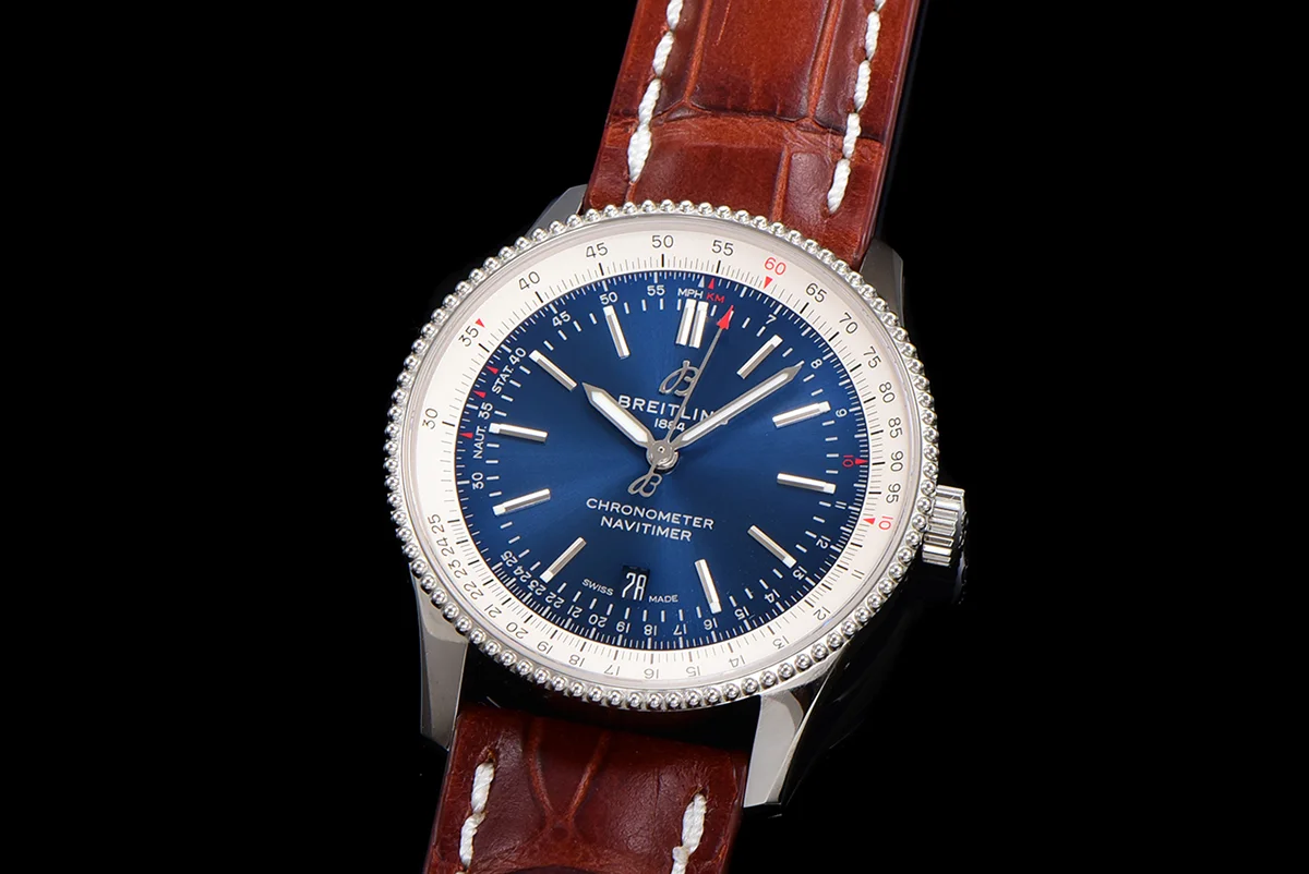 Navitimer Automatic 41 Blue and White Dial in Steel in Brown Leather Strap