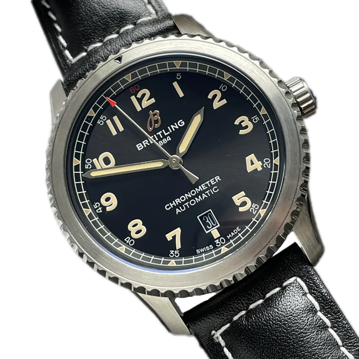 Navitimer Aviator 8 Automatic 41 Black Dial in Steel on Black Leather Strap