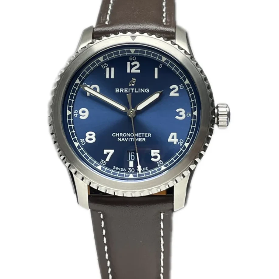 Navitimer Aviator 8 Automatic 41 Blue Dial in Steel on Brown Leather Strap