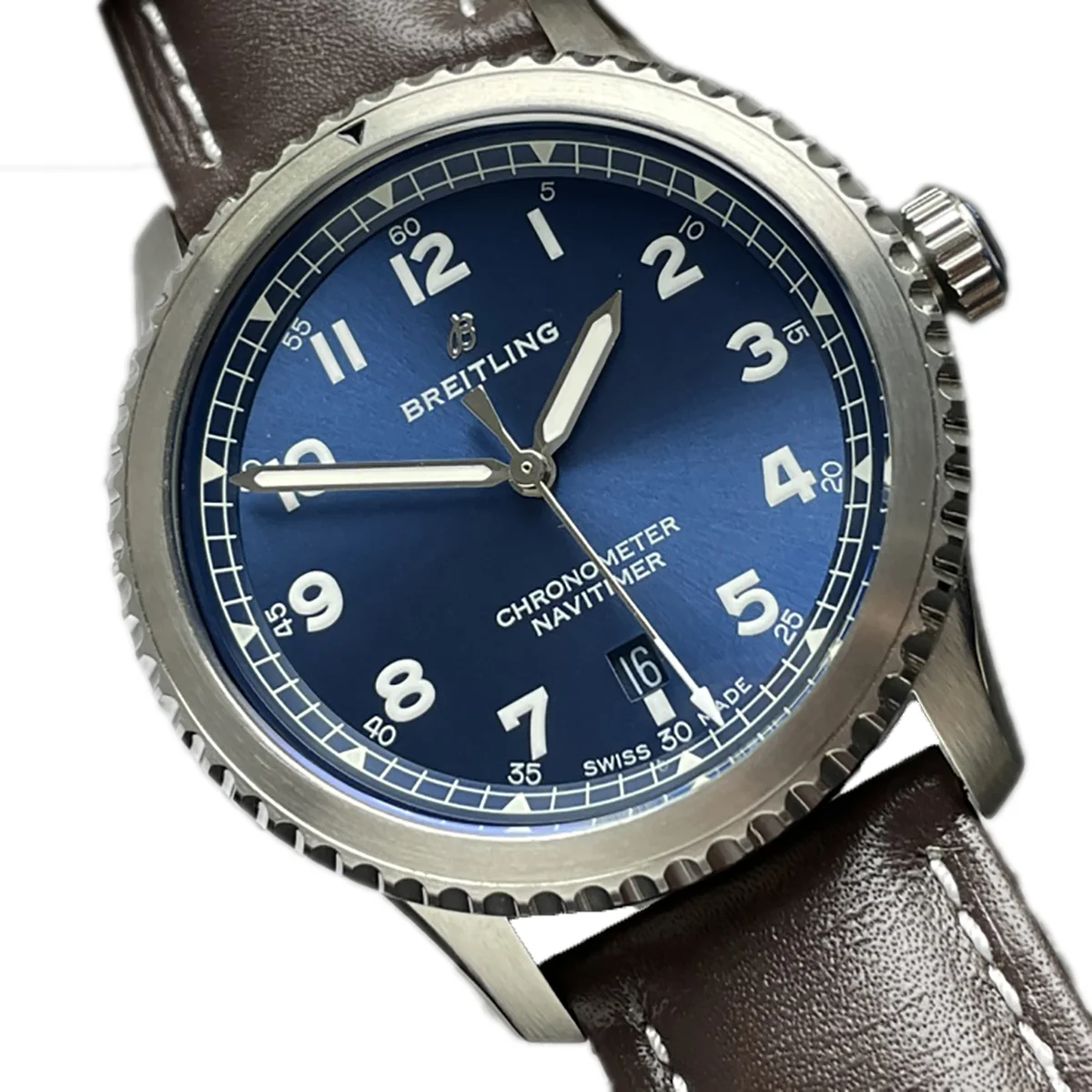 Navitimer Aviator 8 Automatic 41 Blue Dial in Steel on Brown Leather Strap