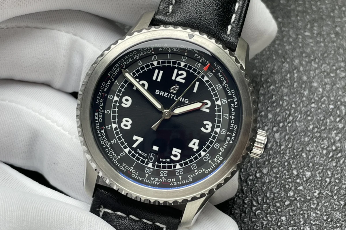 Navitimer Aviator 8 Automatic 45 Black Dial in Steel on Black Leather Strap