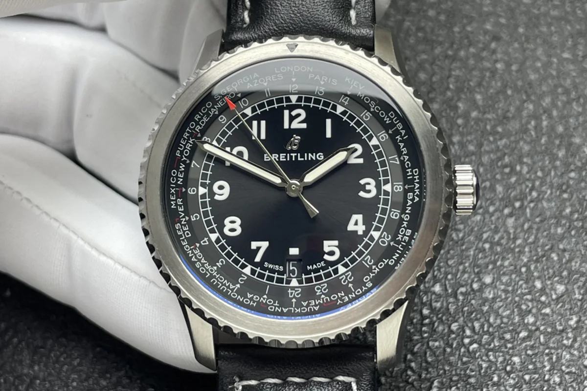 Navitimer Aviator 8 Automatic 45 Black Dial in Steel on Black Leather Strap