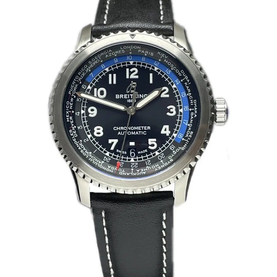 Navitimer Aviator 8 B35 Unitime Automatic 43 Black Dial in Steel on Black Leather Strap
