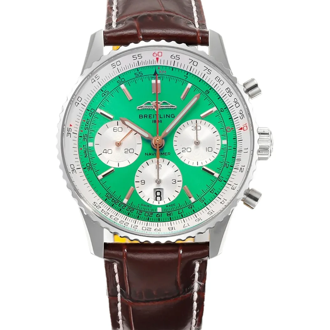 Navitimer B01 Chronograph 41 Green Dial in Steel on Leather Strap Ref. AB0139211L1P1