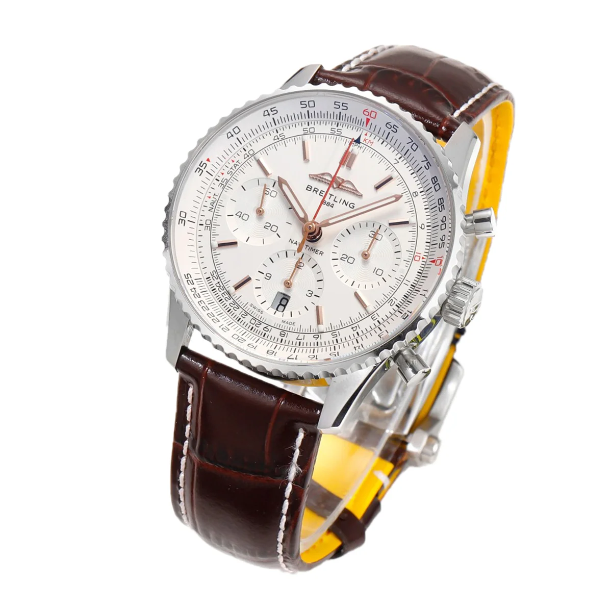 Navitimer B01 Chronograph 41 White Dial in Steel on Leather Strap Ref. AB0139211G1P1