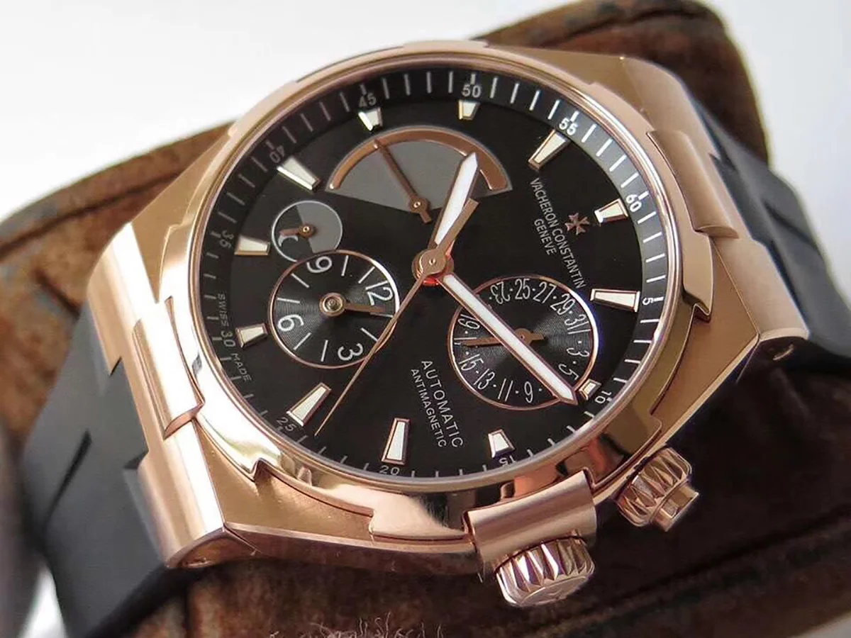 Overseas Dual Time Black Dial in Rose Gold on Rubber Strap