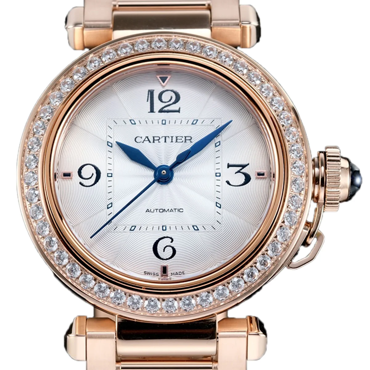 Pasha de Cartier White Dial 35mm With Diamond Bezel in Rose Gold