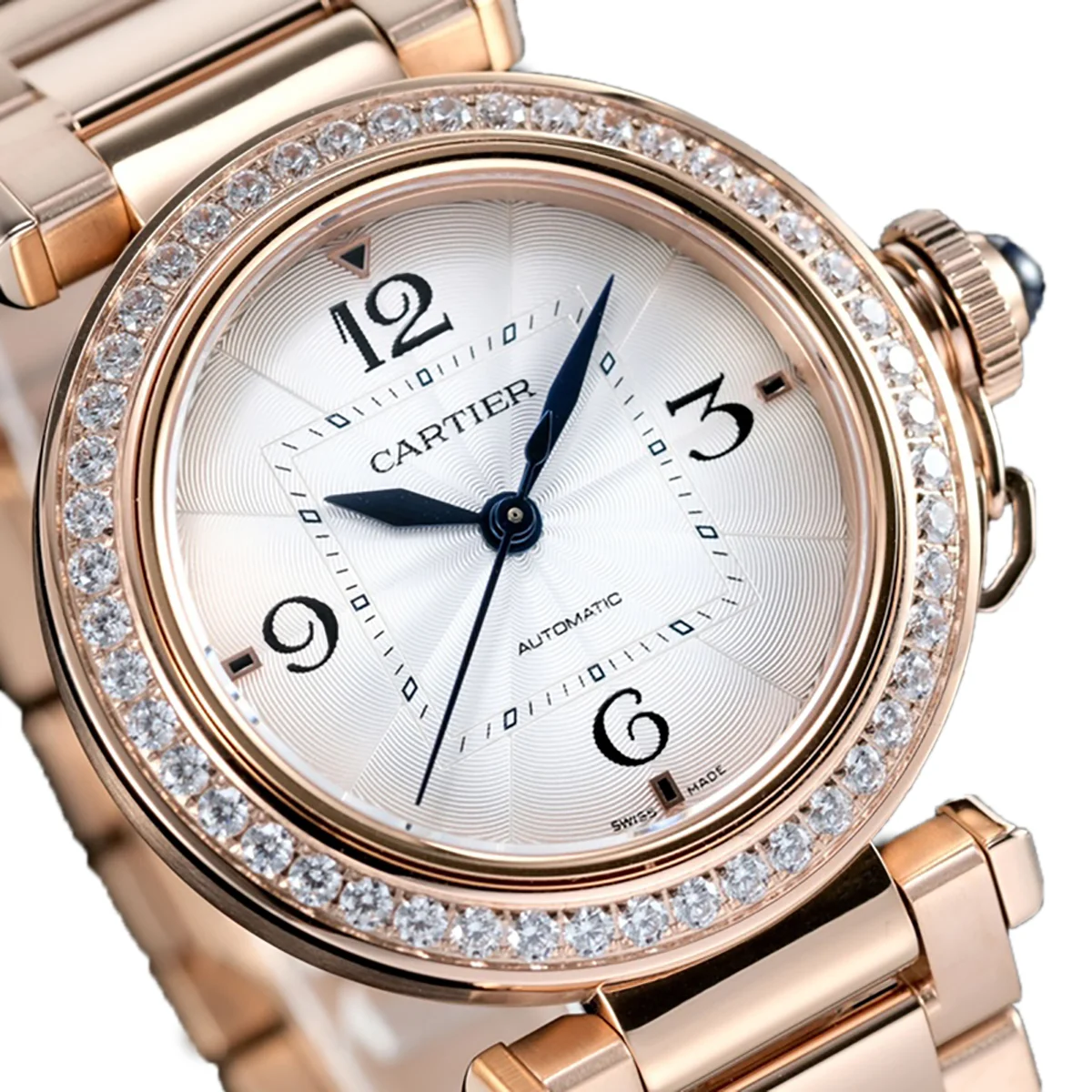 Pasha de Cartier White Dial 35mm With Diamond Bezel in Rose Gold