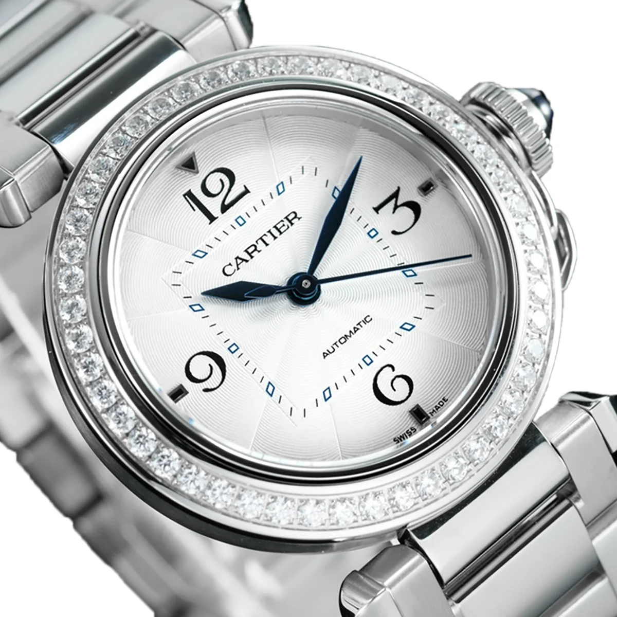 Pasha de Cartier White Dial 35mm with Diamond Bezel in Steel