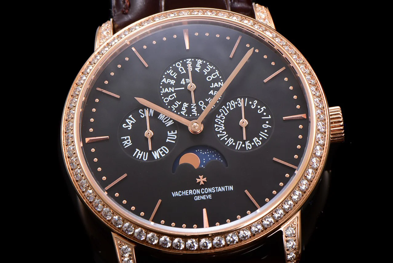 Patrimony Perpetual Calendar Ultra-Thin Black Dial in Pink Gold with Diamond Bezel