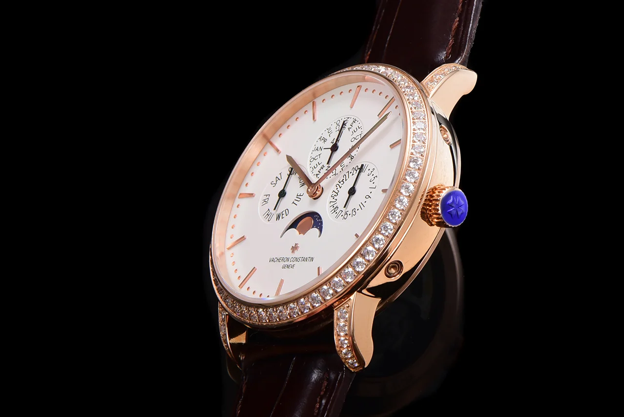 Patrimony Perpetual Calendar Ultra-Thin White Dial in Pink Gold with Diamond Bezel