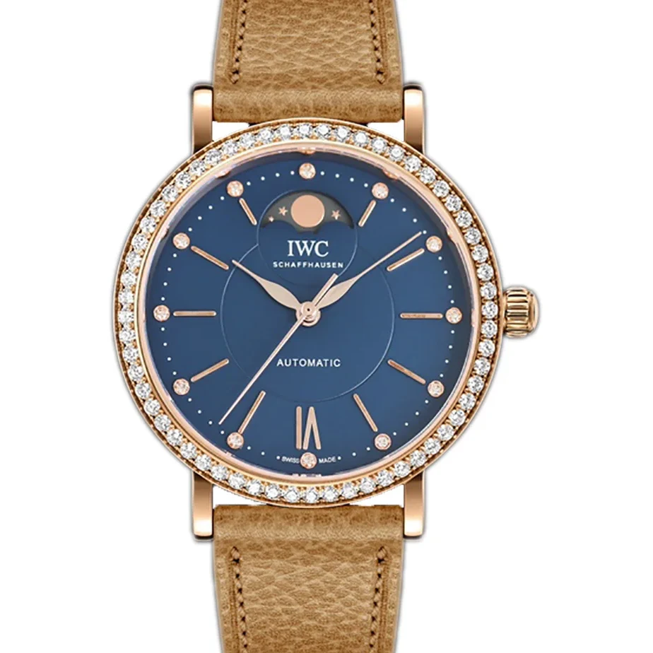 Portofino IW6596 Automatic Moon Phase 37 Blue Dial in Rose Gold on Brown Leather Strap