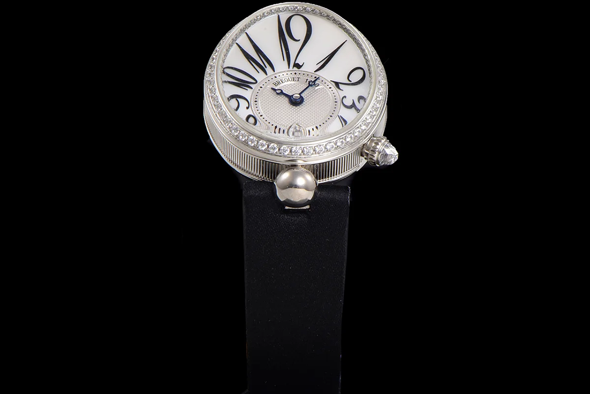 Reine de Naples in White Gold 8918BB on Black Leather Strap