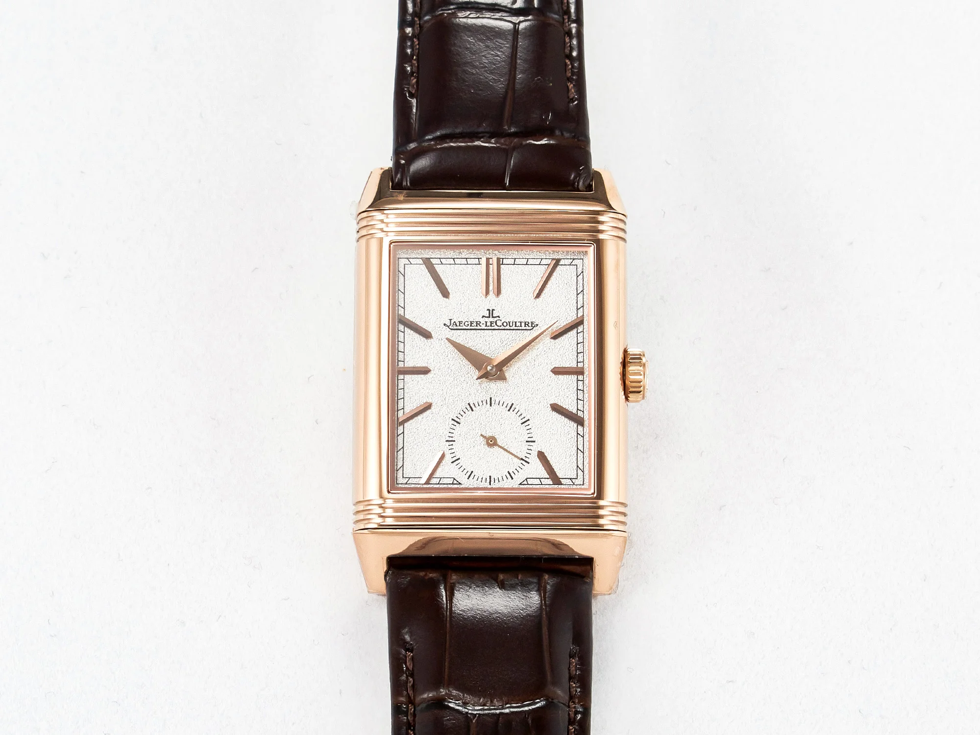 Reverso Tribute Duoface Small Seconds RG MGF Best Edition White Spray Paint Dial on Black Leather Strap A854A