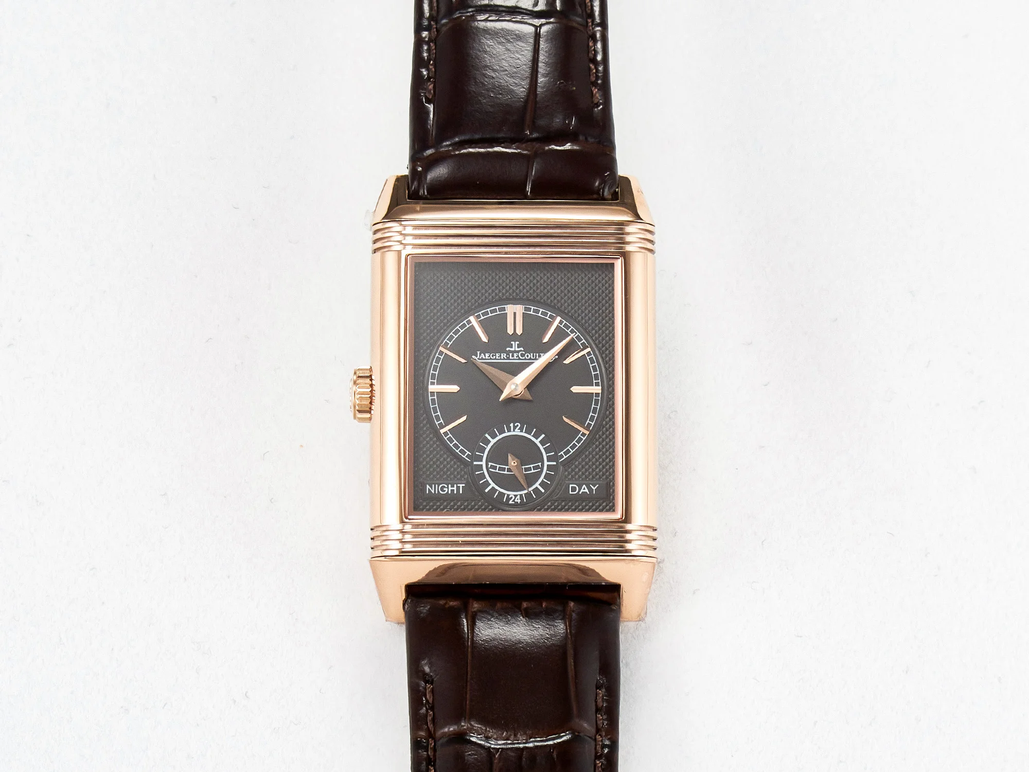 Reverso Tribute Duoface Small Seconds RG MGF Best Edition White Spray Paint Dial on Black Leather Strap A854A
