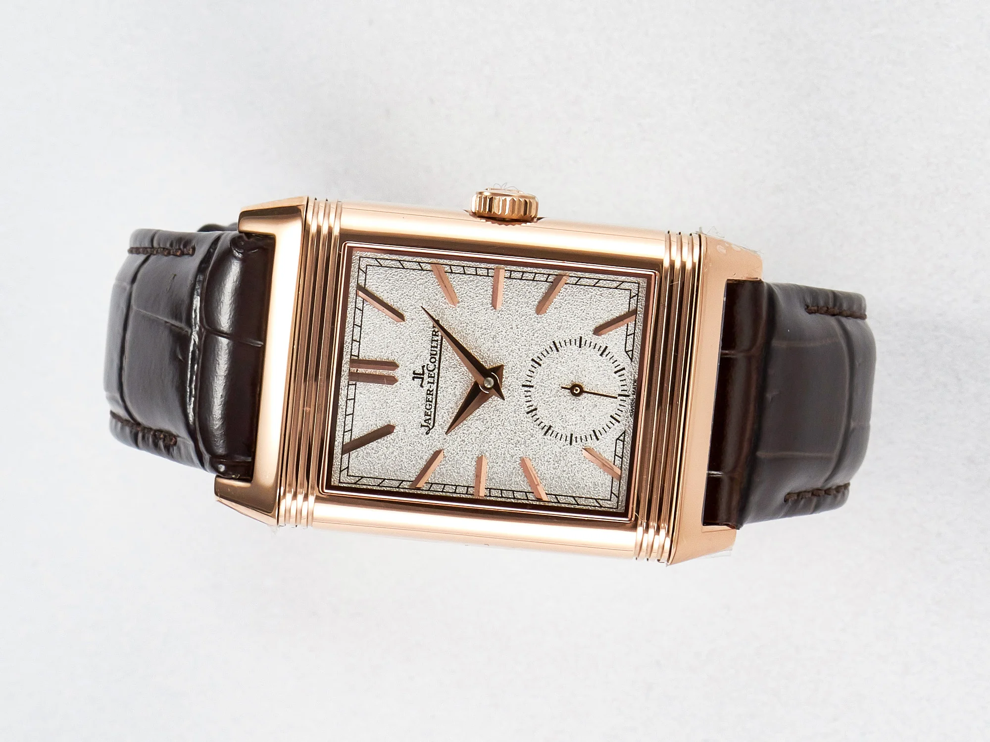 Reverso Tribute Duoface Small Seconds RG MGF Best Edition White Spray Paint Dial on Black Leather Strap A854A