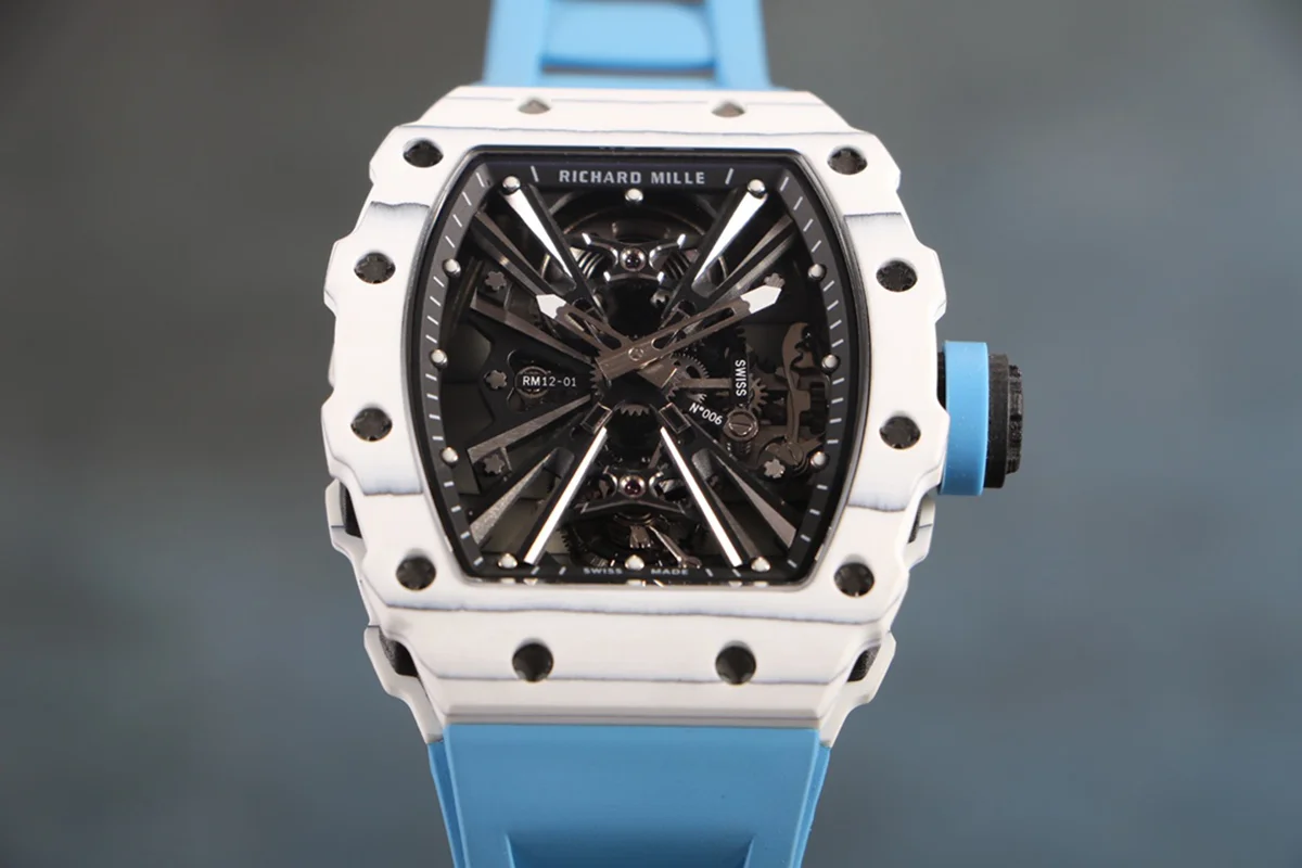 RM 012-01 Tourbillon White NTPT Carbon on Blue Rubber Strap