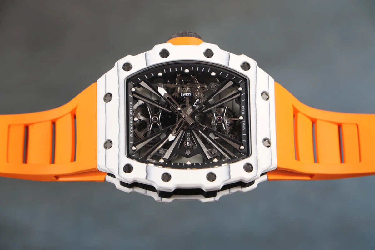 RM 012-01 Tourbillon White NTPT Carbon on Orange Rubber Strap