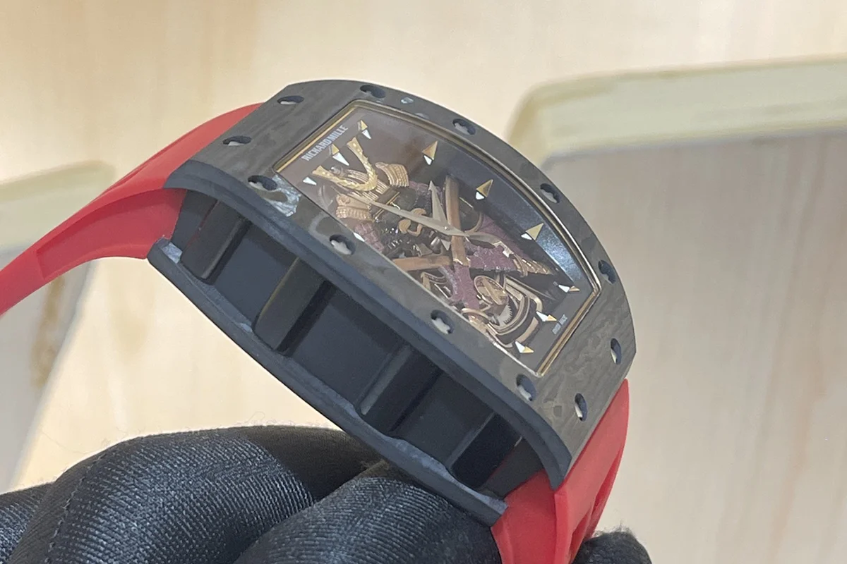 RM047 Tourbillon Samurai NTPT Carbon on Red Rubber Strap