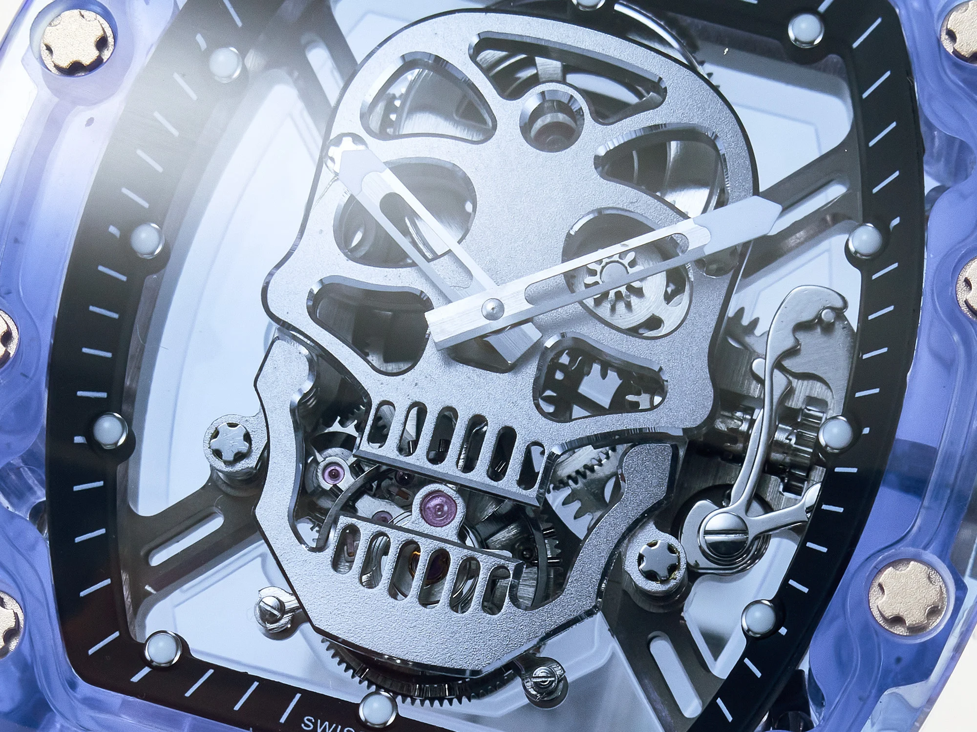 RM52-01 Blue Transparent Tourbillon MSF Best Edition Skull Dial on White Rubber Strap
