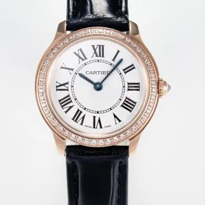 Ronde Louis Cartier 29mm RG DRF 1:1 Best Edition Sandblasted Beige Dial Diamonds Bezel on Black Leather Strap Ronda Quartz