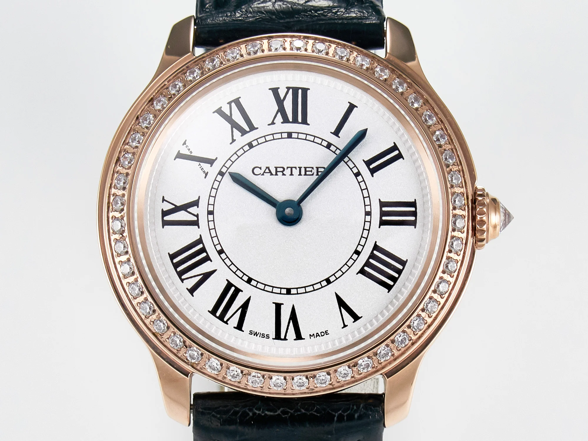 Ronde Louis Cartier 29mm RG DRF 1:1 Best Edition Sandblasted Beige Dial Diamonds Bezel on Black Leather Strap Ronda Quartz