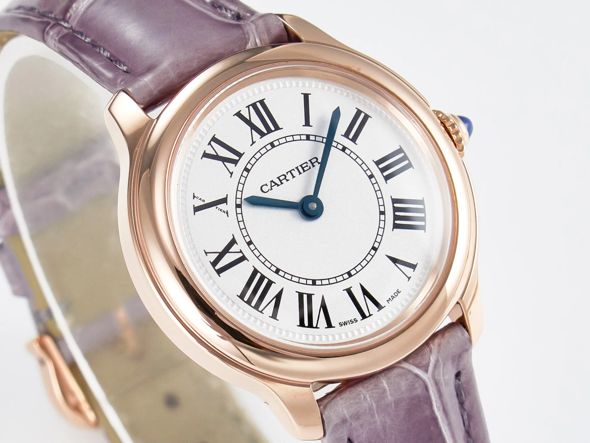 Ronde Louis Cartier 29mm RG DRF 1:1 Best Edition Sandblasted Beige Dial on Purple Leather Strap Ronda Quartz