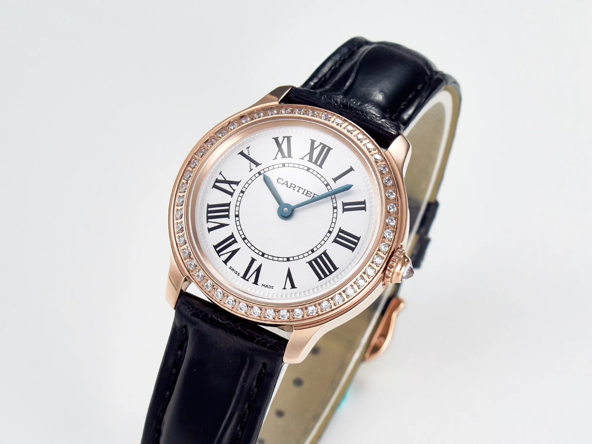 Ronde Louis Cartier 29mm RG DRF 1:1 Best Edition Sandblasted Beige Dial Diamonds Bezel on Black Leather Strap Ronda Quartz