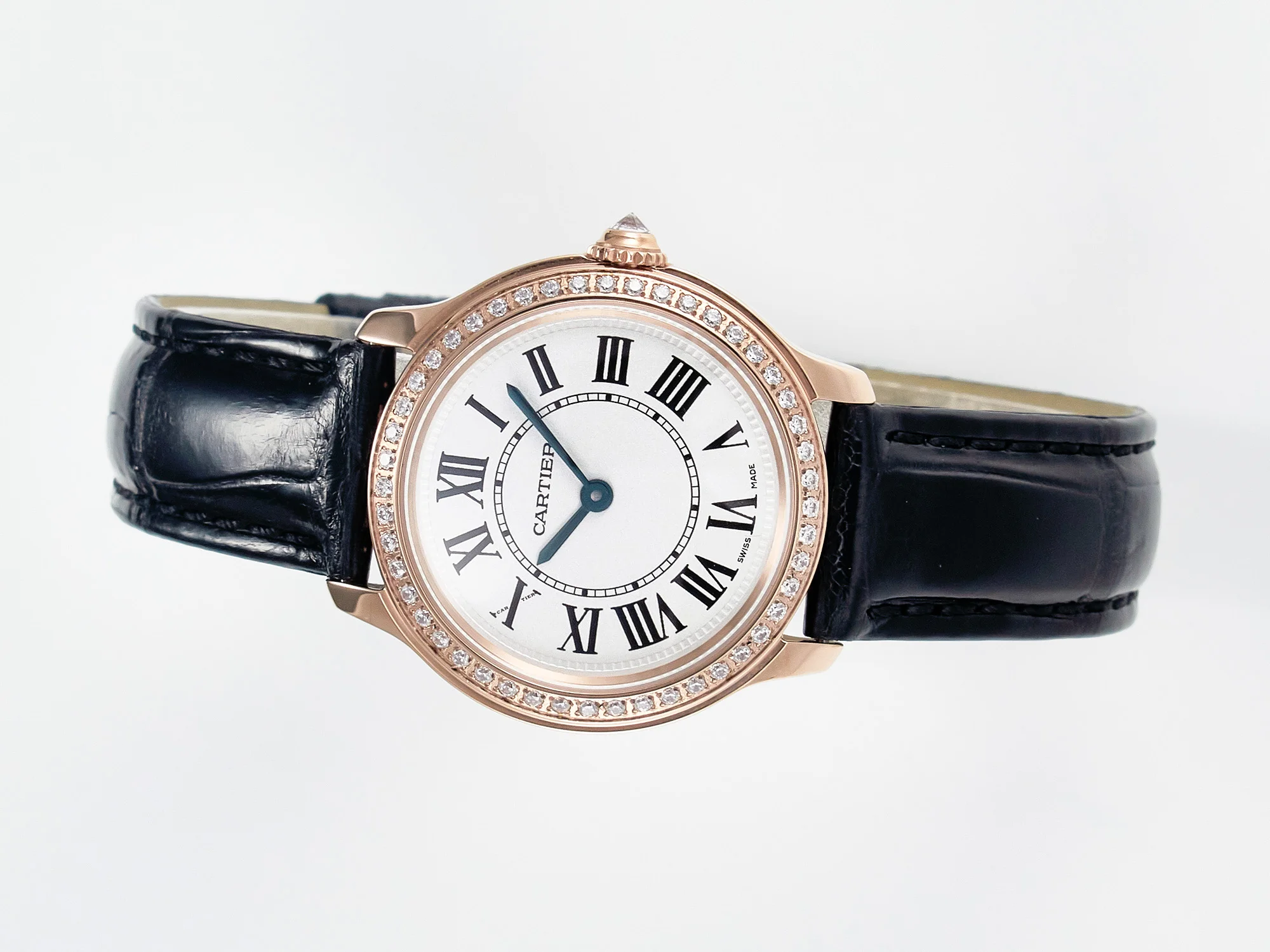 Ronde Louis Cartier 29mm RG DRF 1:1 Best Edition Sandblasted Beige Dial Diamonds Bezel on Black Leather Strap Ronda Quartz
