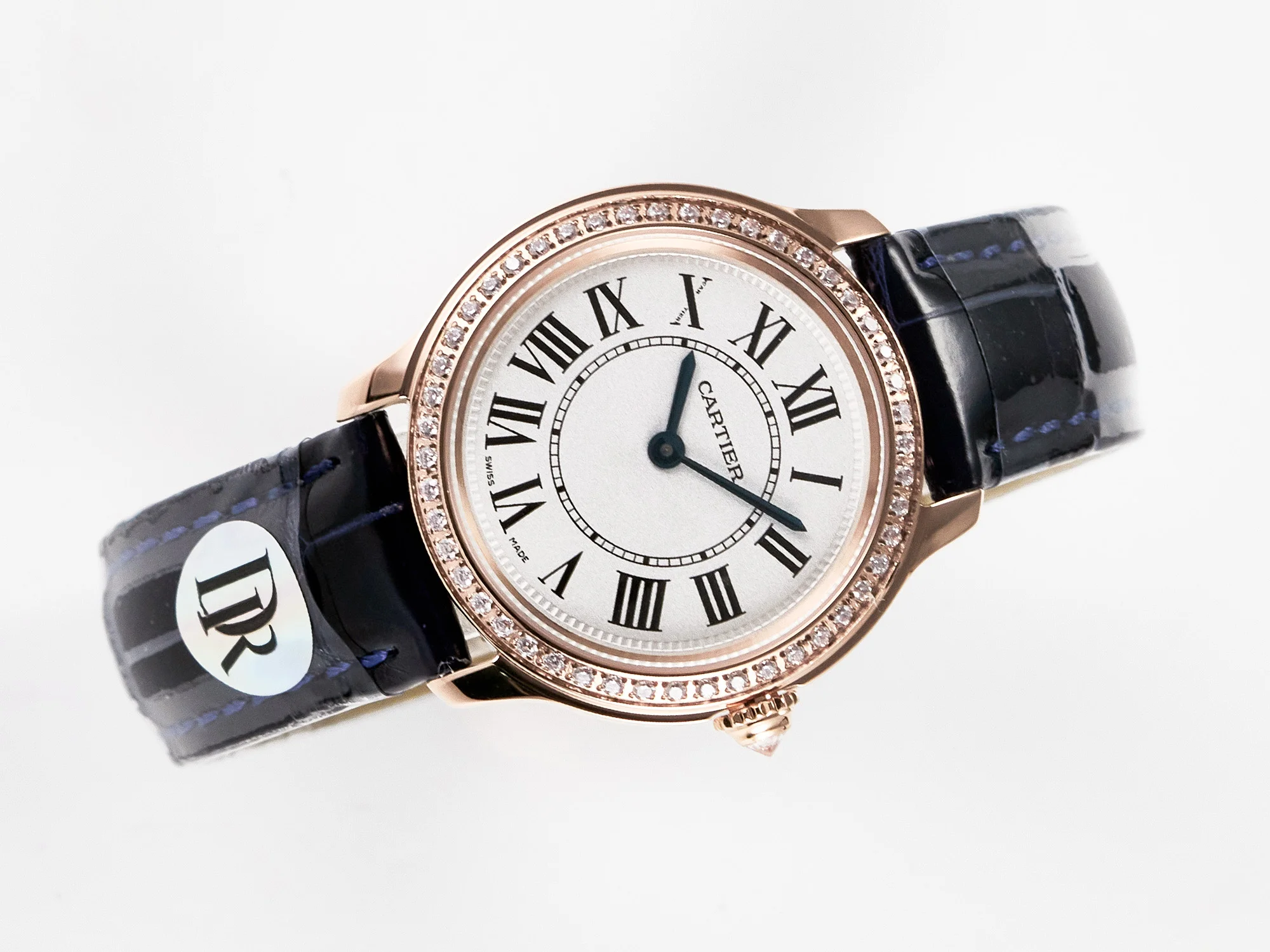 Ronde Louis Cartier 29mm RG DRF 1:1 Best Edition Sandblasted Beige Dial Diamonds Bezel on Blue Leather Strap Ronda Quartz