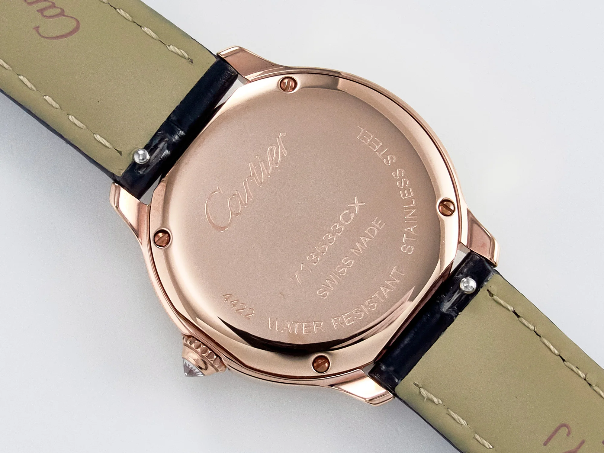 Ronde Louis Cartier 29mm RG DRF 1:1 Best Edition Sandblasted Beige Dial Diamonds Bezel on Black Leather Strap Ronda Quartz