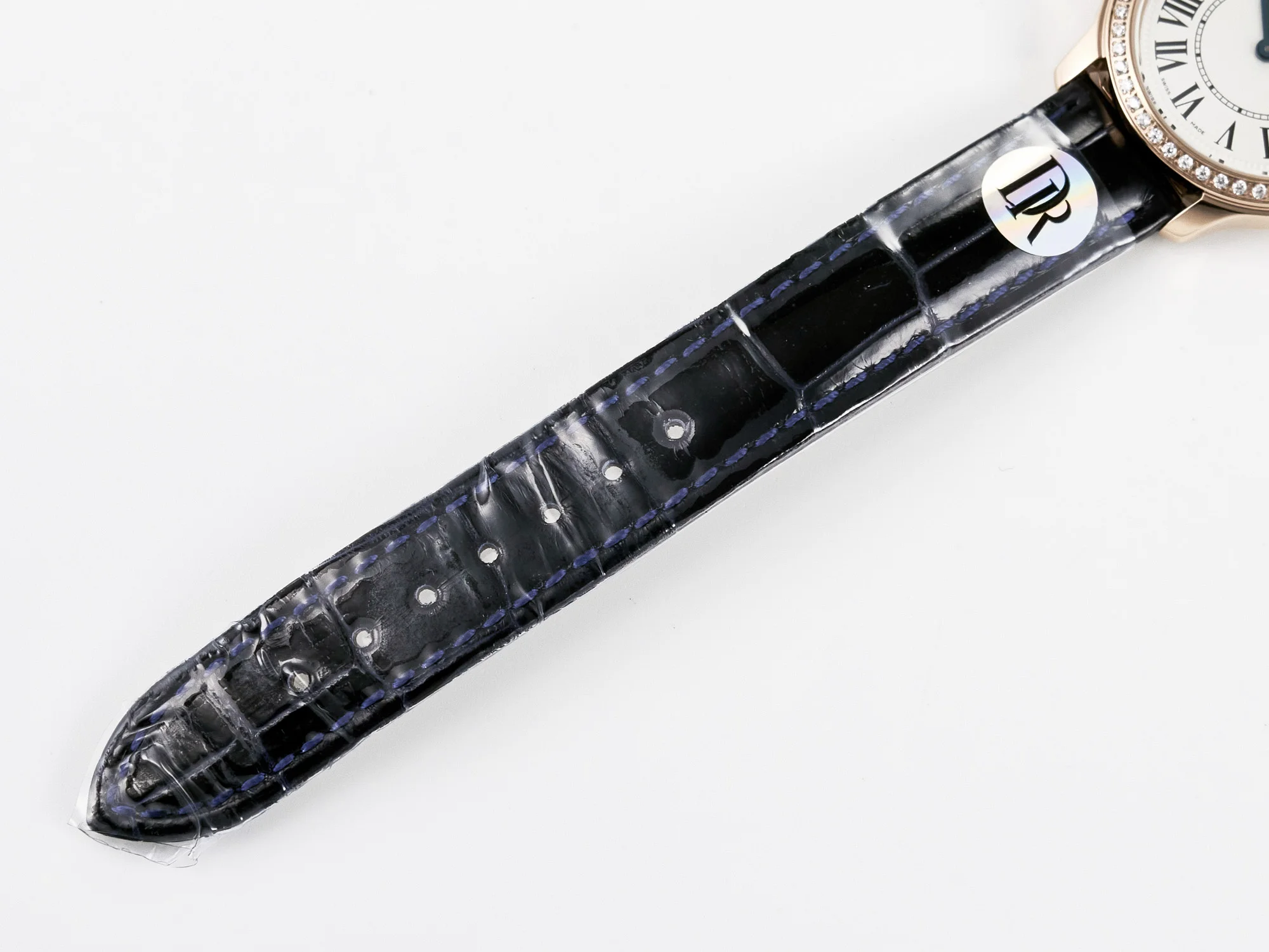 Ronde Louis Cartier 29mm RG DRF 1:1 Best Edition Sandblasted Beige Dial Diamonds Bezel on Blue Leather Strap Ronda Quartz