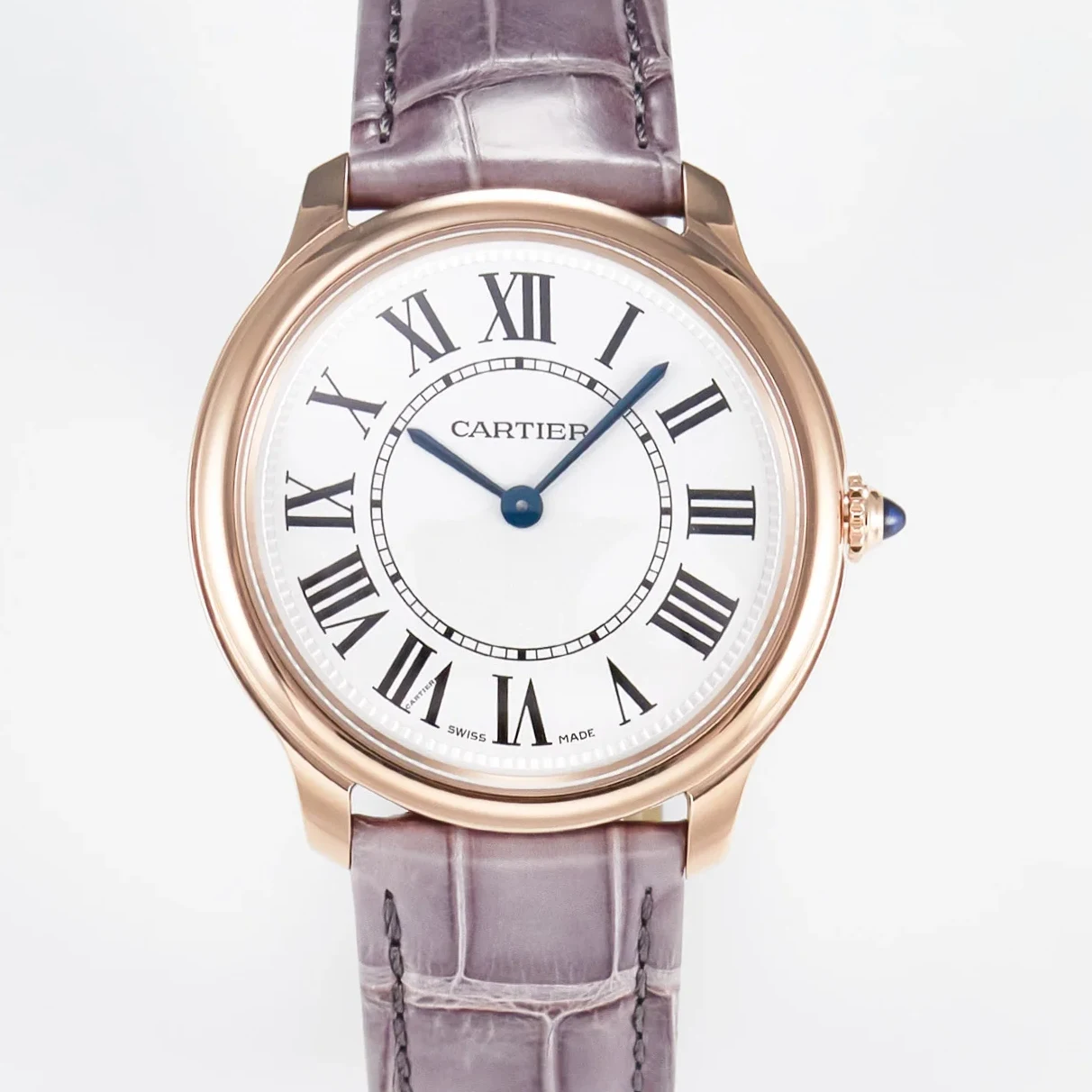 Ronde Louis Cartier 36mm RG DRF 1:1 Best Edition Sandblasted Beige Dial on Purple Leather Strap Ronda Quartz