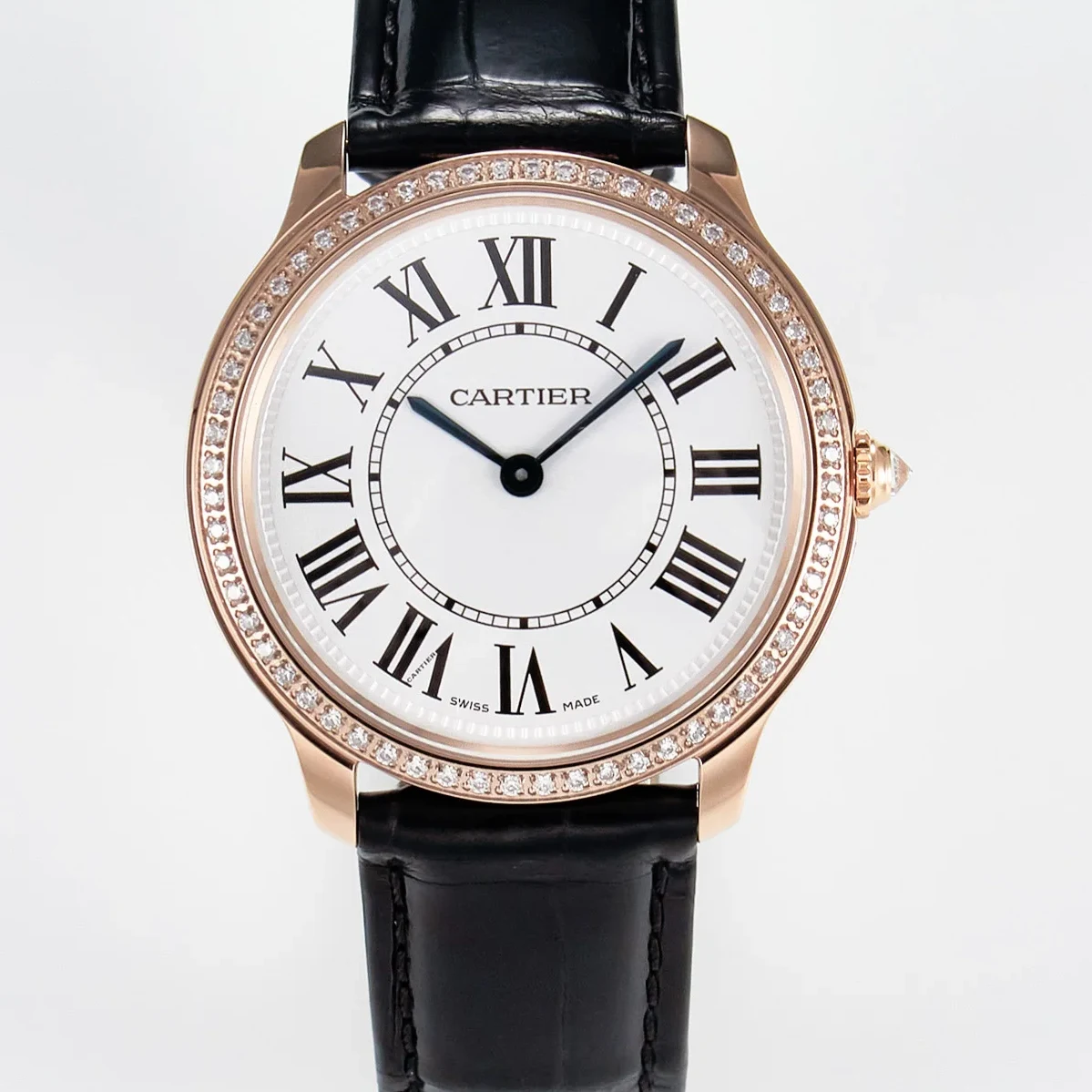 Ronde Louis Cartier 36mm RG DRF 1:1 Best Edition Sandblasted Beige Dial Diamonds Bezel on Black Leather Strap Ronda Quartz