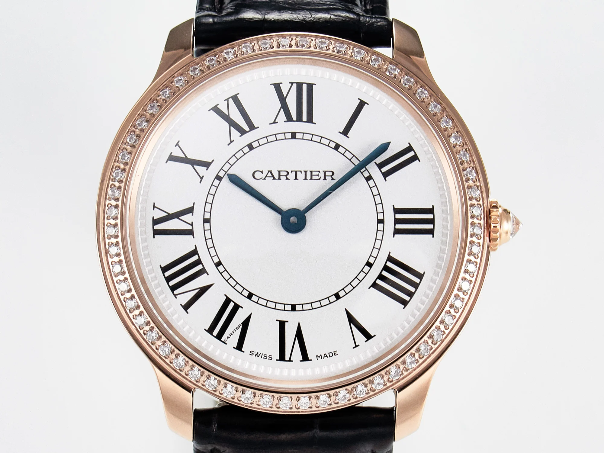 Ronde Louis Cartier 36mm RG DRF 1:1 Best Edition Sandblasted Beige Dial Diamonds Bezel on Black Leather Strap Ronda Quartz