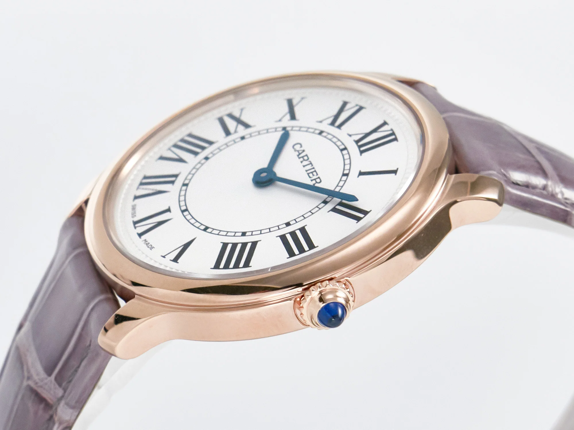 Ronde Louis Cartier 36mm RG DRF 1:1 Best Edition Sandblasted Beige Dial on Purple Leather Strap Ronda Quartz
