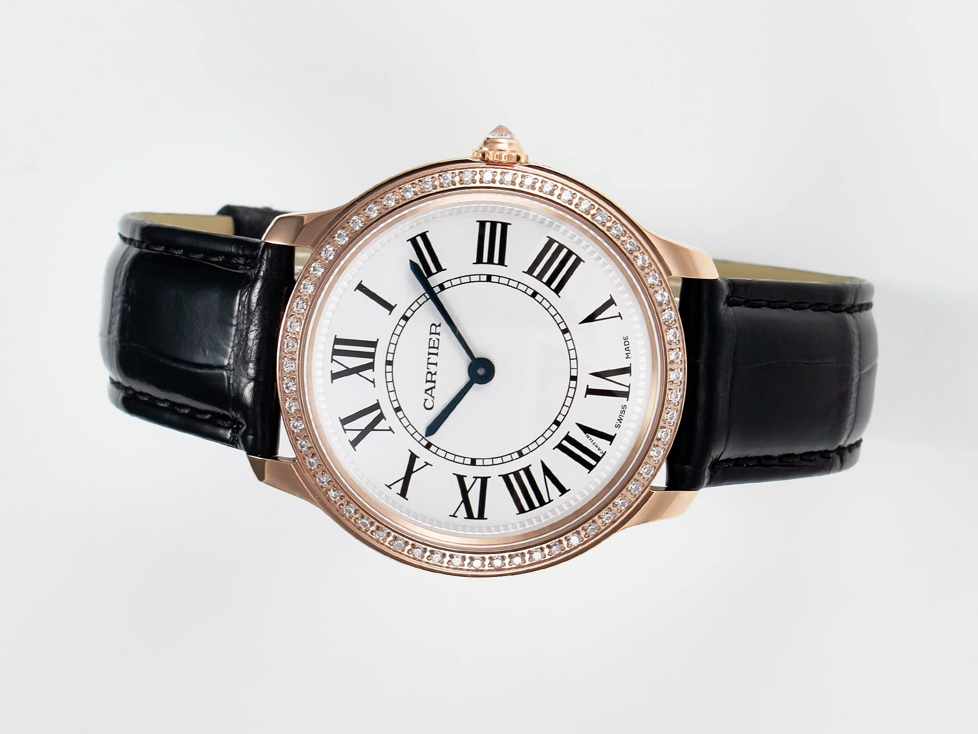 Ronde Louis Cartier 36mm RG DRF 1:1 Best Edition Sandblasted Beige Dial Diamonds Bezel on Black Leather Strap Ronda Quartz