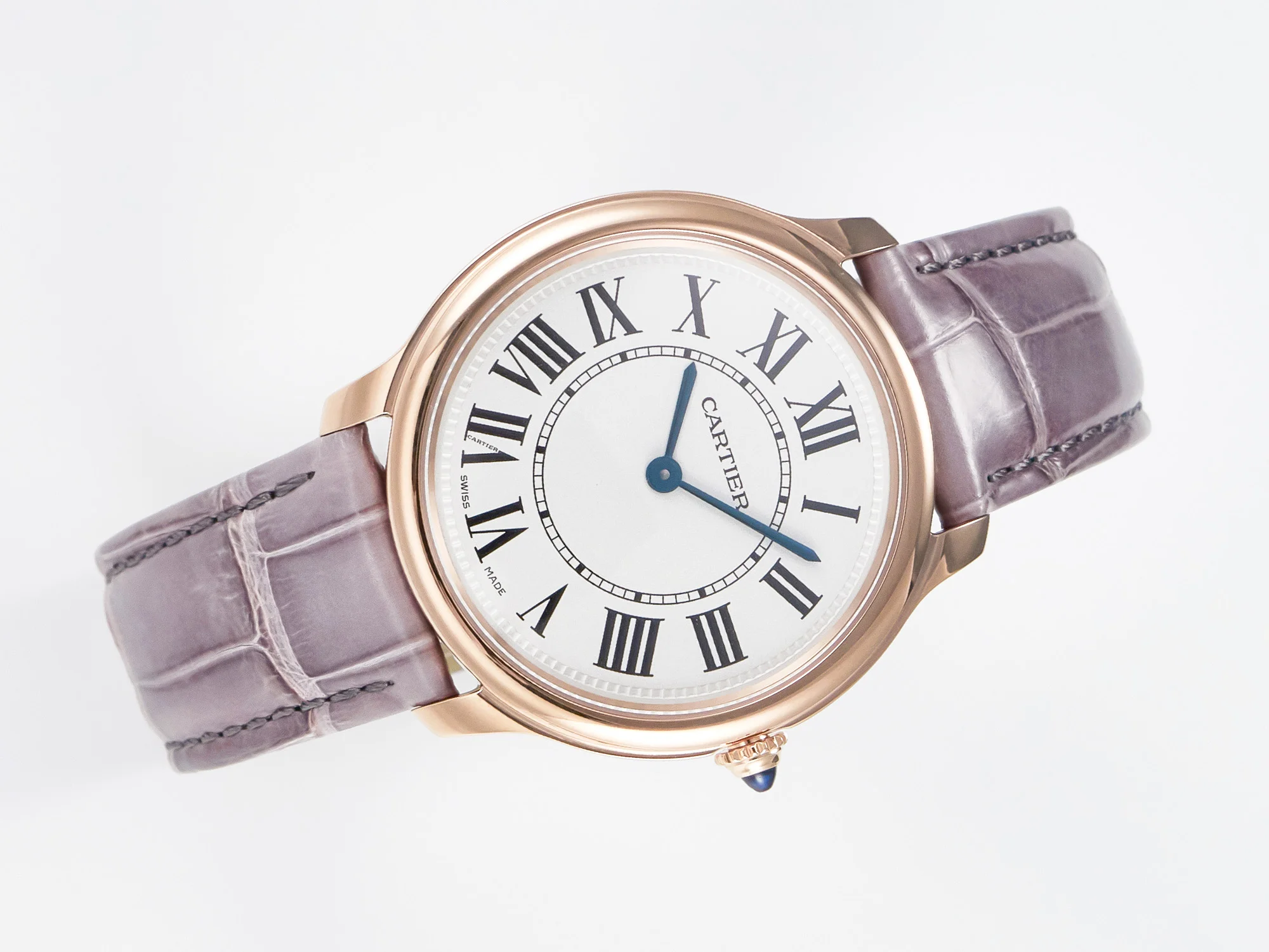 Ronde Louis Cartier 36mm RG DRF 1:1 Best Edition Sandblasted Beige Dial on Purple Leather Strap Ronda Quartz