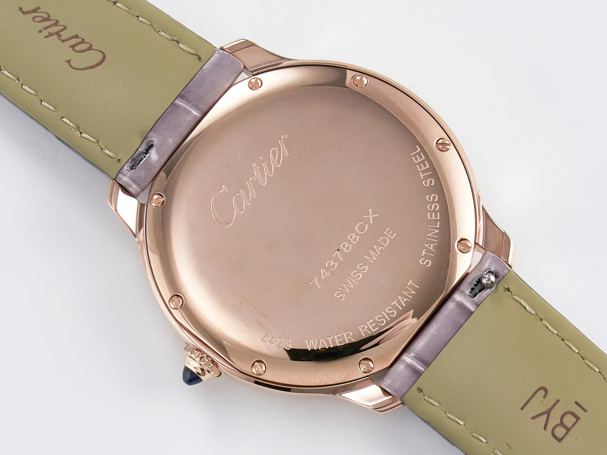 Ronde Louis Cartier 36mm RG DRF 1:1 Best Edition Sandblasted Beige Dial on Purple Leather Strap Ronda Quartz