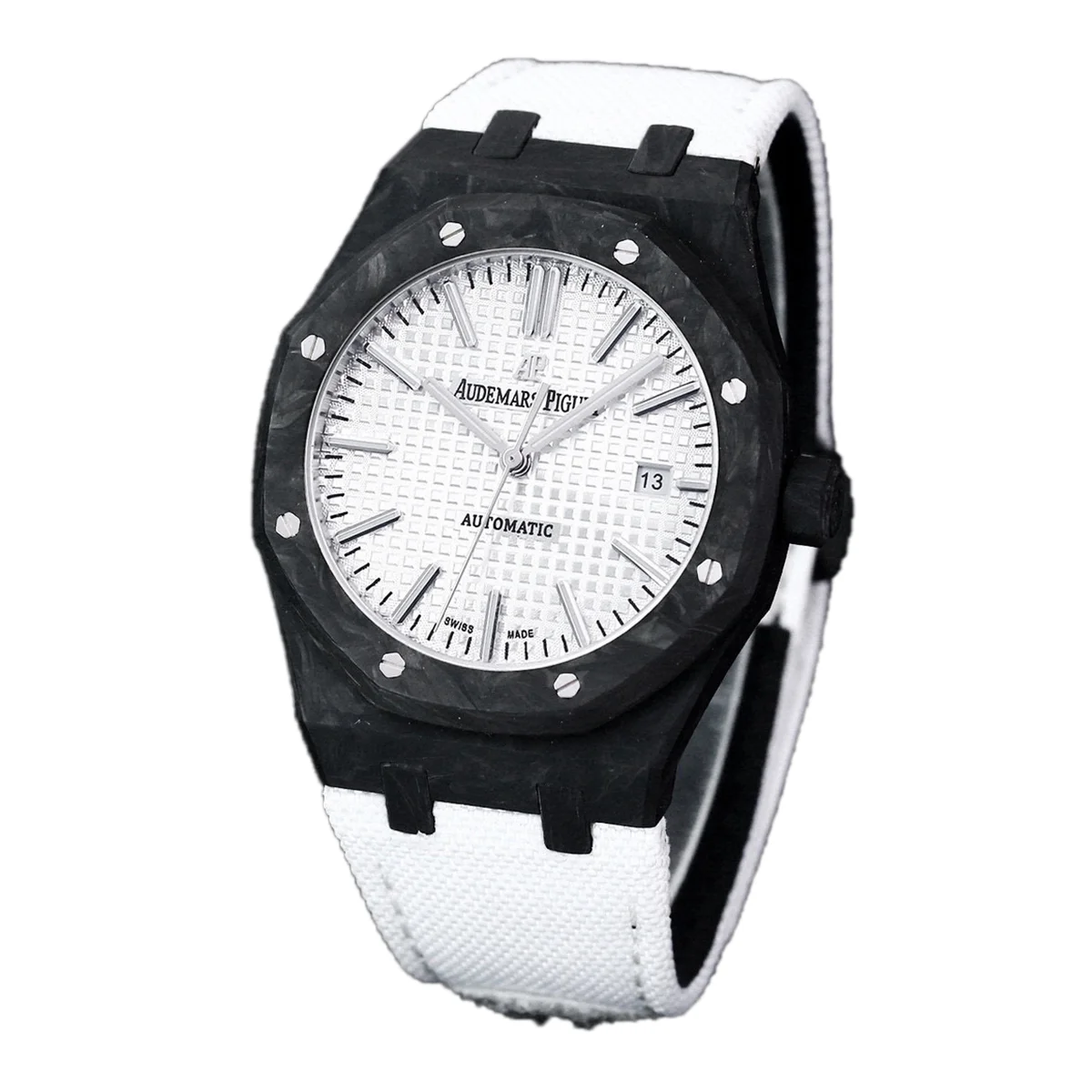 Royal Oak 15400 White Dial in Carbon Fibre on White Nylon Strap