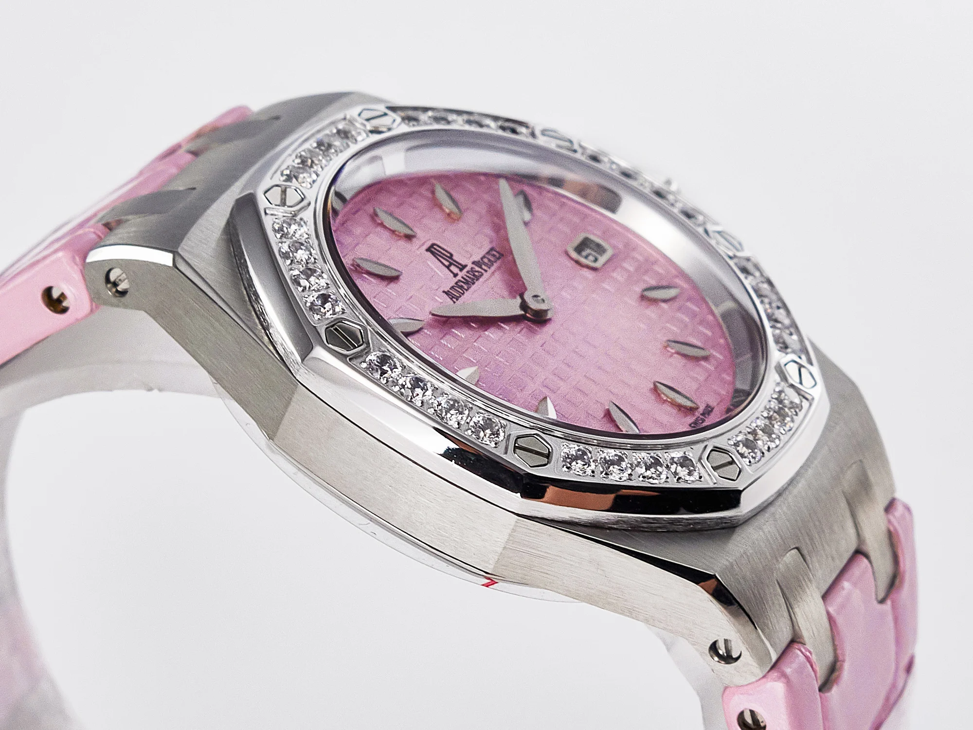 Royal Oak Offshore Ladies 33mm SS DRF Best Edition Pink Dial Diamonds Bezel on Pink Leather Strap ETA Quartz
