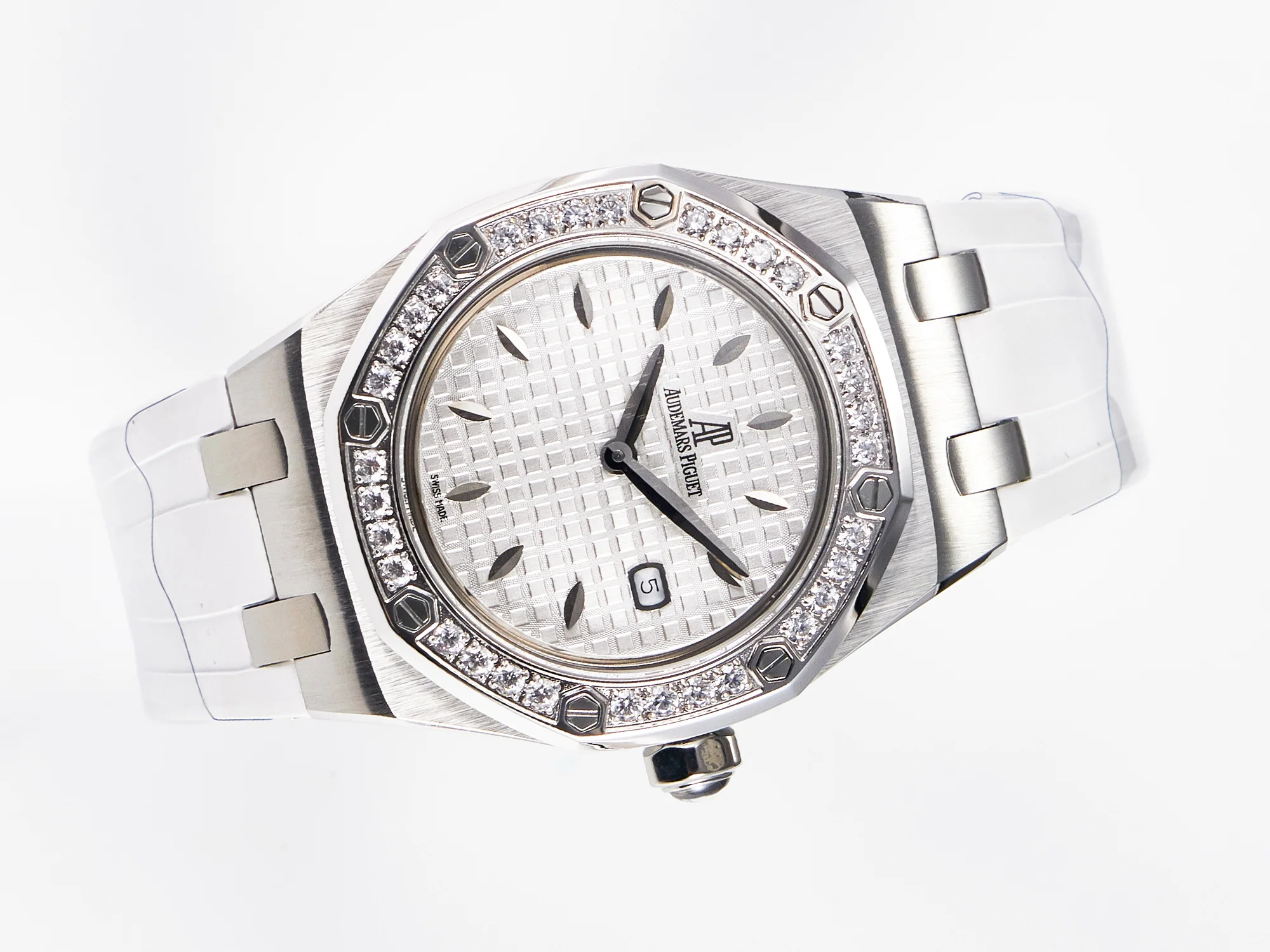 Royal Oak Offshore Ladies 33mm SS DRF Best Edition White Dial Diamonds Bezel on White Rubber Strap ETA Quartz