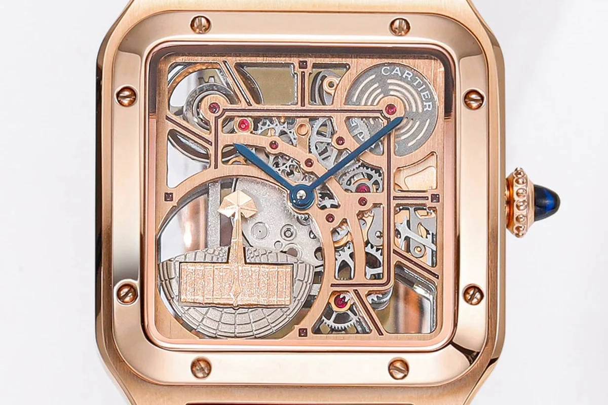 Santos-Dumont (Large) Skeleton Watch in Rose Gold on Black Leather Strap