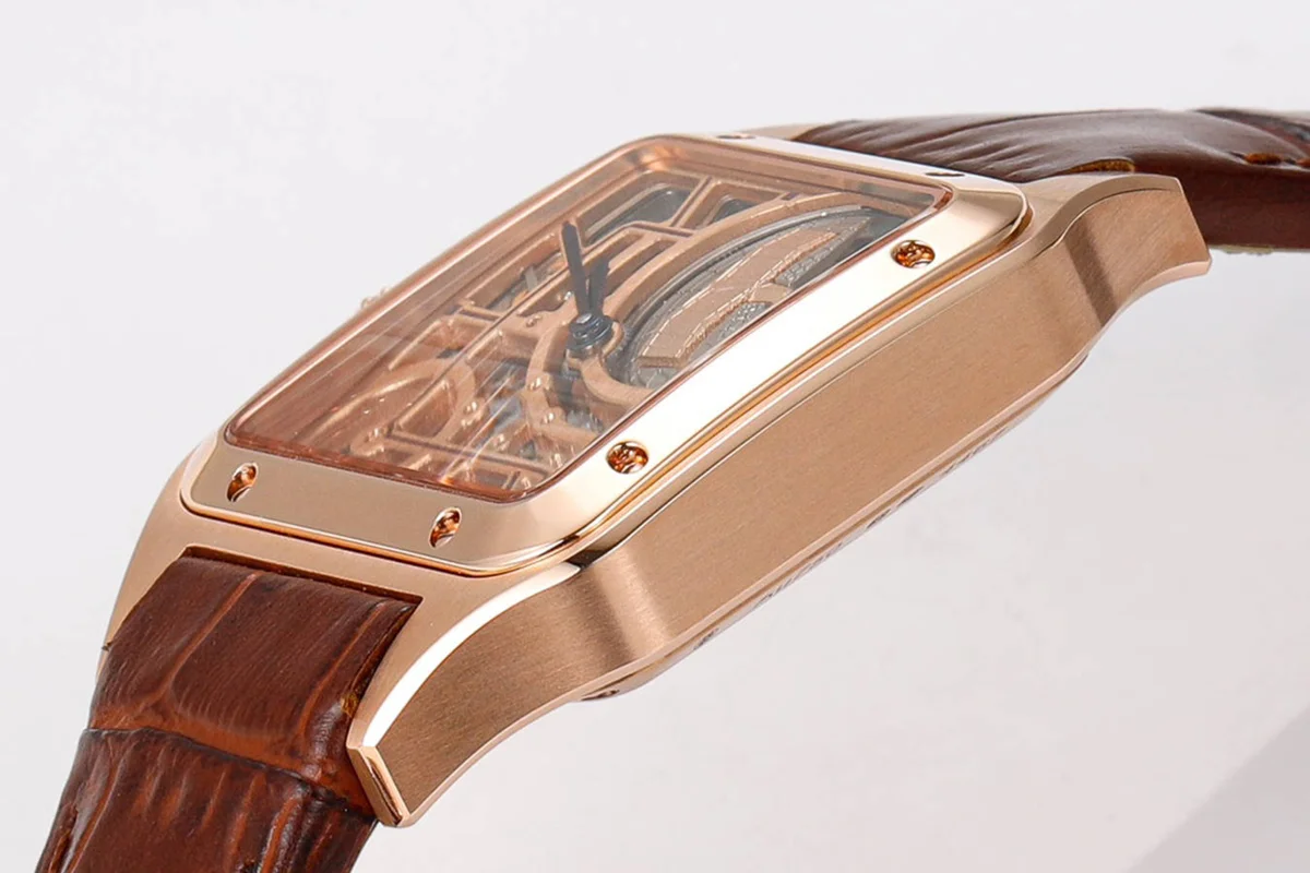 Santos-Dumont (Large) Skeleton Watch in Rose Gold on Brown Leather Strap