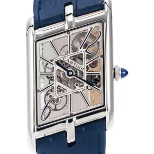 Tank Asymetrique Watch on Steel in Blue Leather Strap